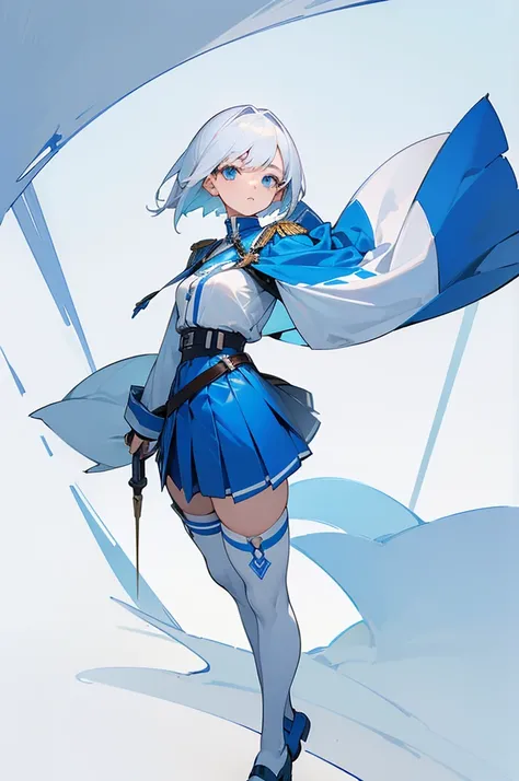 ((masterpiece)), (((best quality))), 1girl, white hair, short hair, clear blue eyes, adventurer, full body, standing upright (white and blue military uniform, center white, outer blue, symetrical, no frills, white thigh highs), short pleated skirt, white b...