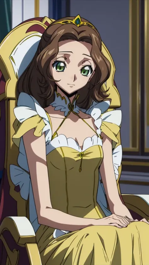 score_9, score_8, score_7, code geass_anime, anastasia lamperough, brown hair and green eyes, low ponytail hair, yellow queen lo...