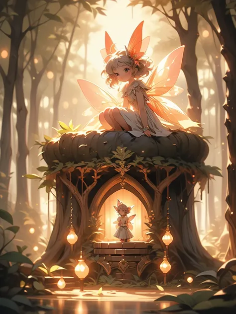 a fairy fairy sitting on a stump in the forest with glowing lights, digital art by Adam Marczyński, flickr, fantasy art, fairy cgsociety, magic fairy forest, fantasy gorgeous lighting, faerie, fairy, faeries, beautiful fairy, fairy atmosphere, very magical...