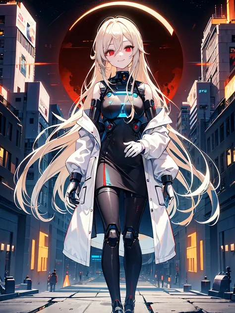 1 robot girl, android, robot style fingers, robot style legs, humanized android, looks perfectly like human being, beautiful girl, wearing scientist clothes, white coat, rose gold hair, shoulder length hair, straight hair, fiery red eyes, smiling mysteriou...