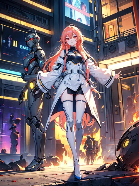 1 robot girl, android, robot style fingers, robot style legs, humanized android, looks perfectly like human being, beautiful girl, wearing scientist clothes, white coat, rose gold hair, shoulder length hair, straight hair, fiery red eyes, smiling mysteriou...