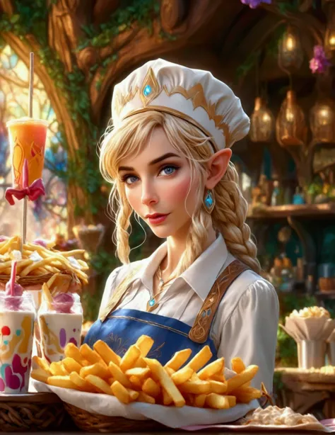 A beautiful elven princess working as a fast food server at Merlins, wearing an apron and cap, serving magic milkshakes and baskets of fries, high fantasy, extremely detailed, intricate details, photorealistic, 8k, dramatic lighting, vivid colors, cinemati...