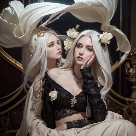 masterpiece, highest quality, (solo focus), (perfect face:1.1), (high detail:1.1),dramatic, 1guy, (pale skin), long white hair, white eyes, [light eyebrows], solo, venetian mask, white luxury suit, covered navel, pouty lips, covered, ballroom, detailed bac...