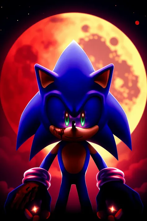 Sonic the Hedgehog, one man, blue all over, red ring in right hand, red full moon, looking at camera, True face, little blood on hand.