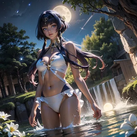 1 girl, lake scene, black swim suit, seat on the water, white dress, gold details on her clothes, waterfall, white flowers on focus, full moon, purple hair, swim suit with frills, night, flowing hair, crystals, sparkles, firefly