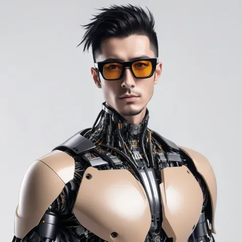 Male robot body hair with black-rimmed glasses with undercut hair, Look to the camera ::futuristic cyberpunk style ,realistic styling ::n_digital painting style, robotic parts, face perfect::seed 1、Black Edged Hair、large nose、Black-based clothing, photo by...