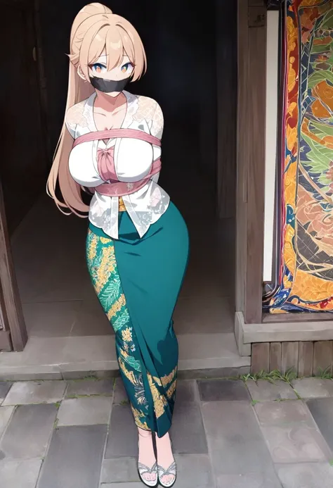 score_9, score_8_up, source_anime, 1girl, solo,The photo features a woman standing in traditional decorations. She is wearing traditional attire consisting of a light white kebaya with lace trim and a long green skirt with batik or songket patterns. The wo...