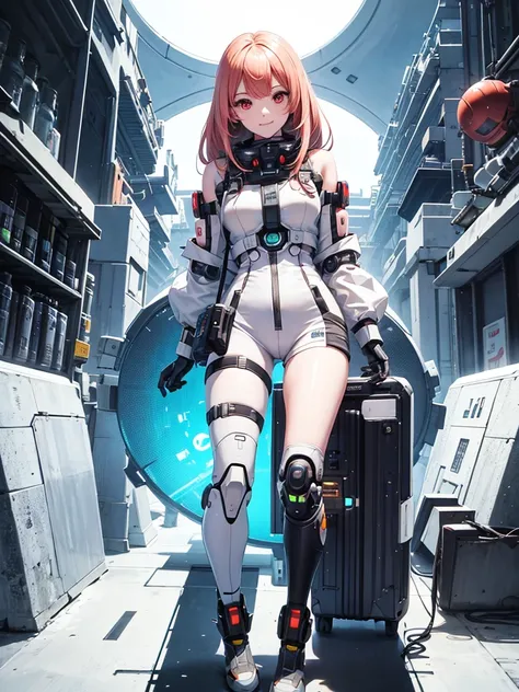 1 robot girl, android, robot style fingers, robot style legs, humanized android, looks perfectly like human being, beautiful girl, wearing scientist clothes, white coat, rose gold hair, shoulder length hair, straight hair, fiery red eyes, smiling mysteriou...