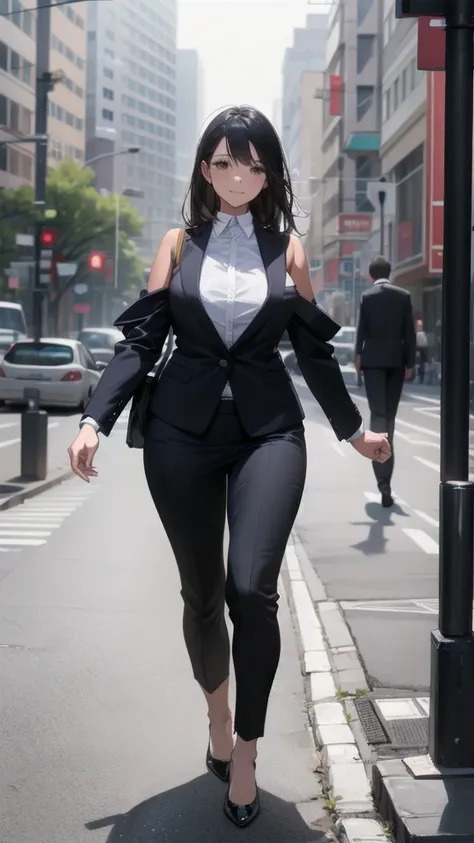 1 girl, looking directly at viewer, business attire, tan skin, top showing skin, urban attire, highly detailed, bare shoulders, natural lighting, full body view walking towards viewer