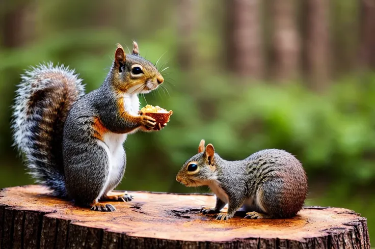 a squirrel sitting on top of a tree stump, a photo, magical forest background, eating, aluminium, foto