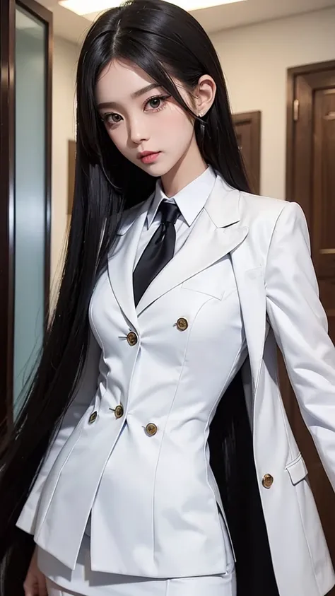 woman, Short pencil skirtwhite, สวมsuitwhite, (สาวสวยTwo meter long hair, my hair is very long., extra long hair, long black hair), (suitสไตล์อิตาลี, suitสองปุ่ม), (Italian suit, white suit, Set of two buttons), (ใส่suitwoman, Business woman&#39;suit, whit...