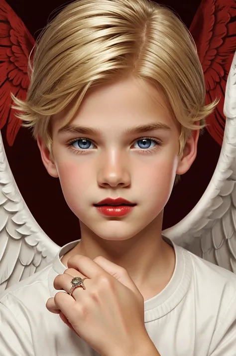 image of a blonde boy with brown eyes and red lips with angel wings and an angel ring on his head illustration style 