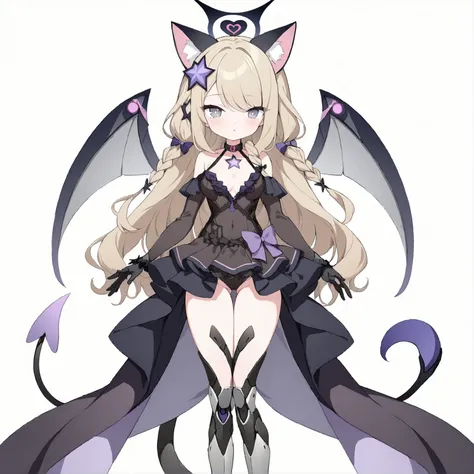 woman 170 cm tall. medium chest, wide hip, slim build, ((whole body)). (((character design sheet: front view))). (dark blonde hair, (hip-length wavy hair with asymmetrical bangs), She has a short braid tied with an elegant purple bow on the left side of he...