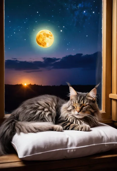 Cat sleeping on a pillow, steaming tea, ,Beautiful landscape window, Night Sky, moon,Maine Coon