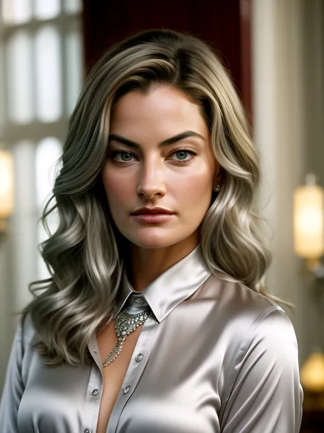 beautiful woman (MadchenAmick), perfect hair, bejewelled jewellery, ((portrait)), (closeup:1.2), ((Head Shot)), (((  shop :1.2 ))), natural skin texture, ((silver satin shirt :1.2)), 24mm, 4k textures, soft cinematic light, adobe lightroom, photolab, hdr, ...