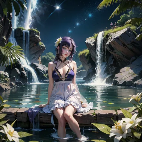 1 girl, lake scene, navy swim suit, seat on the water, white dress, gold details on her clothes, waterfall, white flowers on focus, full moon, purple hair, swim suit with frills, night, flowing hair, crystals, sparkles, firefly