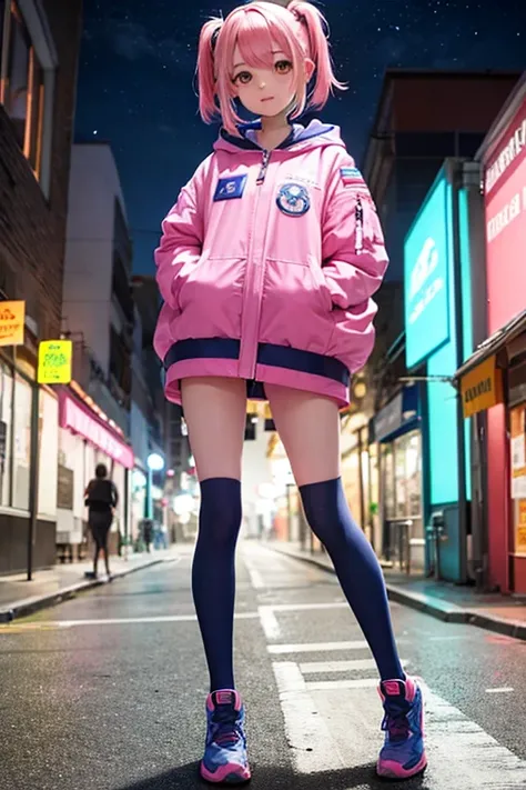 Anime Girls, Astronauts wearing dewyt, Neon pink and blue colors, scar, Stickers, Neon style full body shot, Painting street background