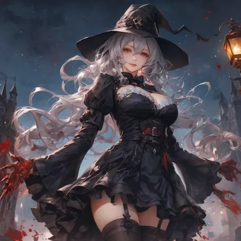 ((Fantasy Witch Costume)), ((Flowing white hair)), ,(Blood splatter:1.6),Female curves, Large Breasts, Thick thighs, Sexy flat stomach, Perfect hands, Perfect anime face, ((dark lolita dress)), Are standing, ((Wicked Smile)), ,(Blood splatter:1.6),Victoria...