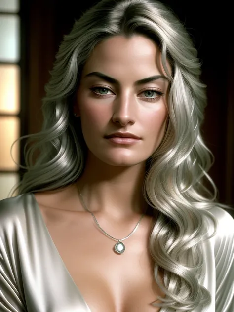 beautiful woman (MadchenAmick), perfect hair, bejewelled jewellery, ((portrait)), (closeup:1.2), ((Head Shot)), (((  shop :1.2 ))), natural skin texture, ((silver satin shirt :1.2)), 24mm, 4k textures, soft cinematic light, adobe lightroom, photolab, hdr, ...