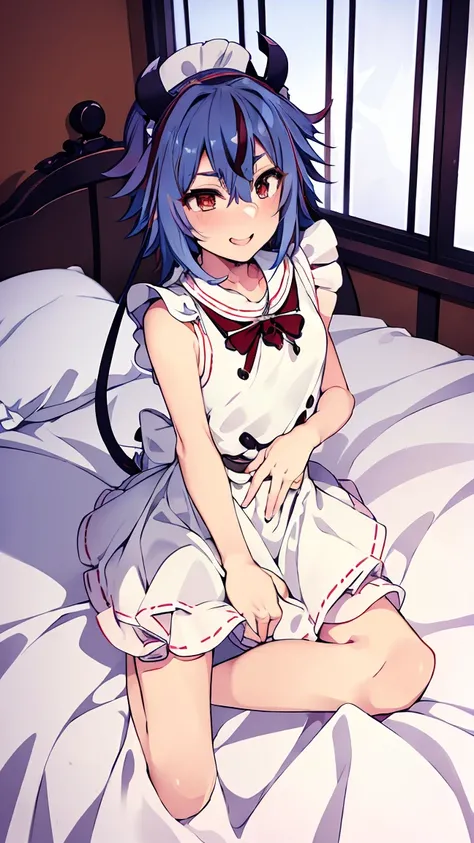 masterpiece, Highest quality, High resolution, Very detailed,(((Mikoto Naruka))), (((Maid clothes)))), (((smile)))), Lying in bed。, indoor