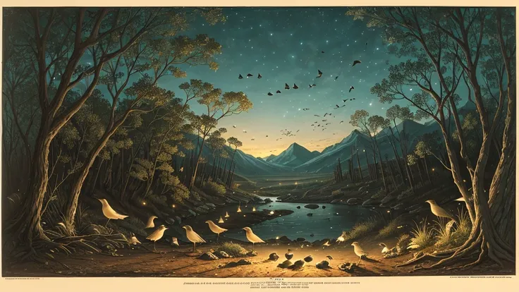 A dark night scene shows a cacophony of chirping birds at in the wilderness