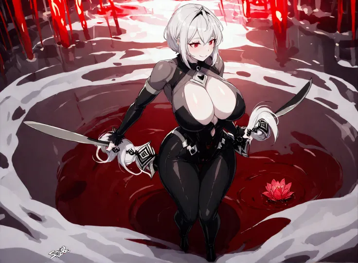 girl, (huge breasts size 128 cm), (narrow waist), Powerful woman, White hair, big butt size 130, beautiful face, fine features, Red eyes, SMILE, evil, psychopath, mileena costume, black suit, coming out of a river of blood