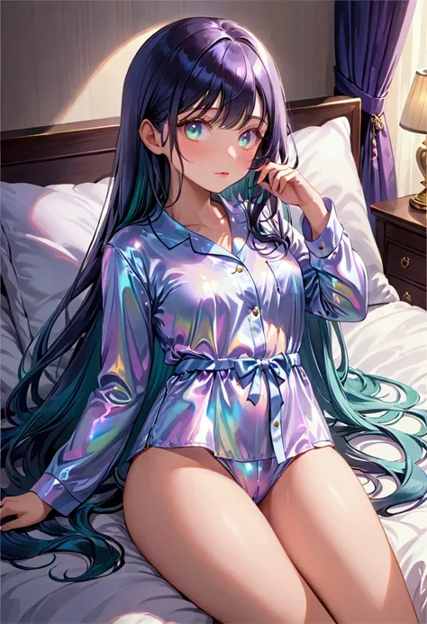 Girl, long dark iridescent hair, iridescent eyes, large thighs, small waist, small breast,pajamas