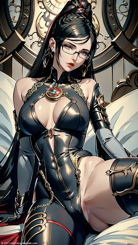 (masterpiece, best quality:1.2), intricate details,  bayonetta3, 1girl, long hair, glasses, makeup, twin braids, lipstick, jewelry, elbow gloves, bodysuit, (mature female:1.2)，medium breast, show nipples, show vagina, spread legs