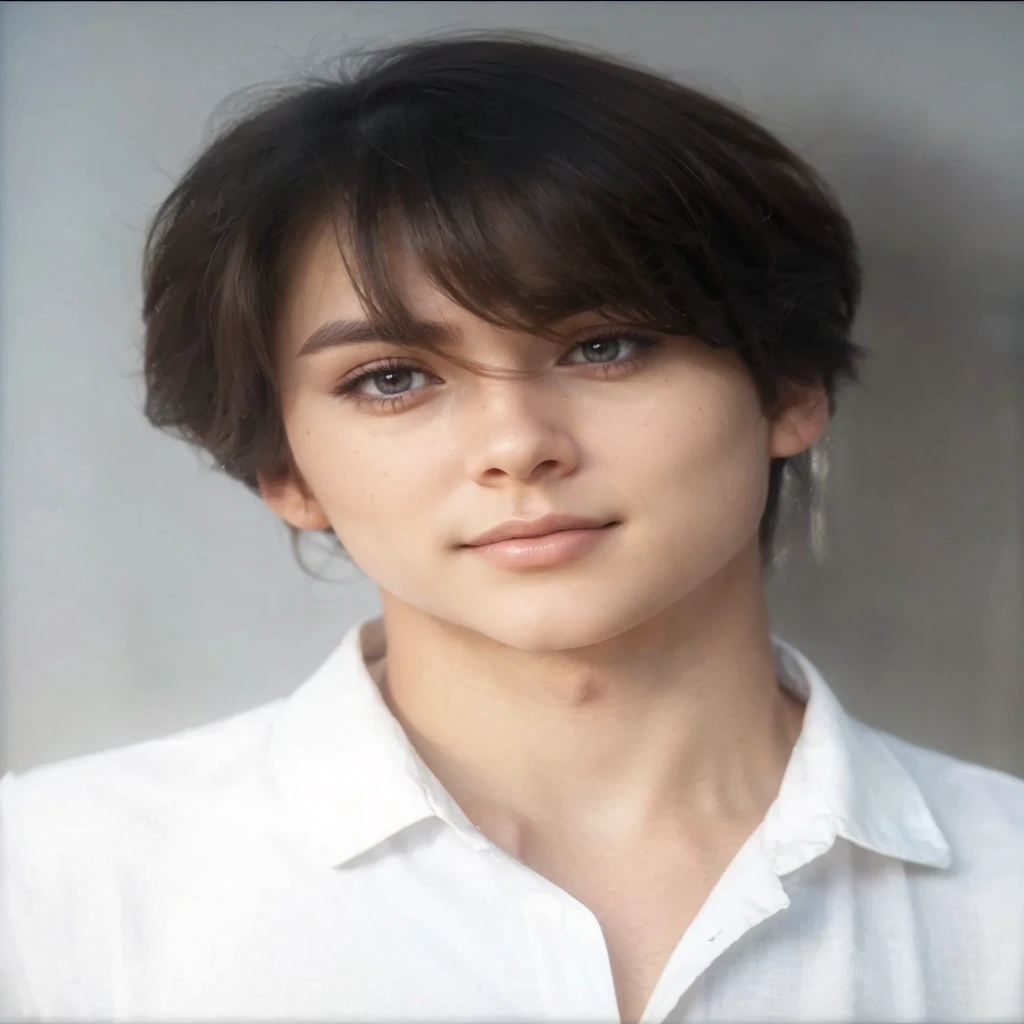 a beautiful young man with mesmerizing eyes, detailed facial features, long eyelashes, perfect skin, warm smile, brown hair, wearing a white shirt, in a serene nature setting, 4k, high resolution, photorealistic, detailed, hyper realistic, vibrant colors, ...