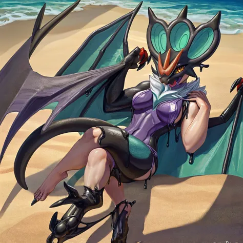 female, solo, anthro noivern, beach, natural breasts, digitigrade, looking at viewer, detailed full body picture, wearing bikini...