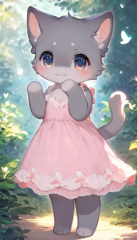 Highest quality, masterpiece, Cute grey kitten, Wearing a pink dress、Are standing, Fantasy forest world, A gentle glowing image effect，whole body