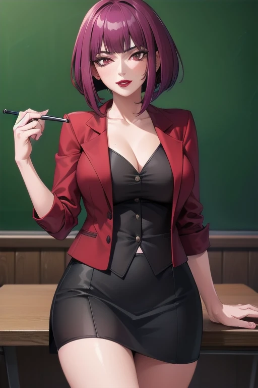 ((Highest quality)), ((masterpiece)), (Familiar), Hazy, One Woman, Mature Woman,Purple Hair, short hair, bangs, eye shadow, Low Ponytail, lipstick, compensate, Detailed face, Red eyes,Large Breasts, Black jacket, White shirt, teacher,Suit skirt, Cowboy Sho...