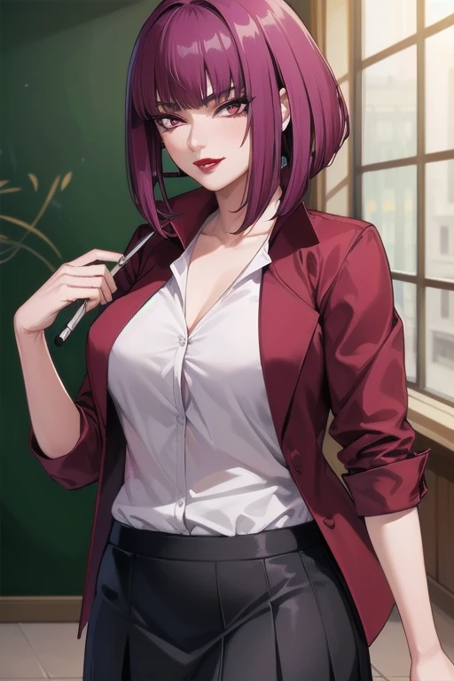 ((highest quality)), ((masterpiece)), (familiar), hazy, one woman, mature woman,purple hair, short hair, bangs, eye shadow, low ...