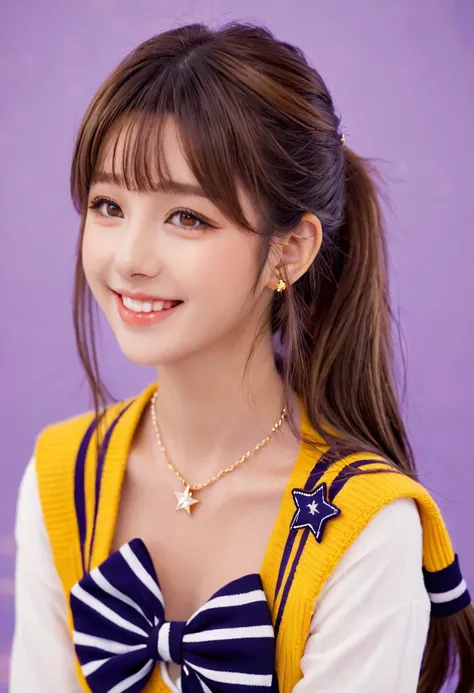 Ichige style, One girl, alone, Brown Hair, heart, hair ornaments, , Side Ponytail, smile, View your viewers, neckerchief, Upper Body, heart hair ornaments, cardigan, Sailor collar, Seraphim, black Sailor collar, bangs, Yellow Eyes, Mouth closed, Long Hair,...