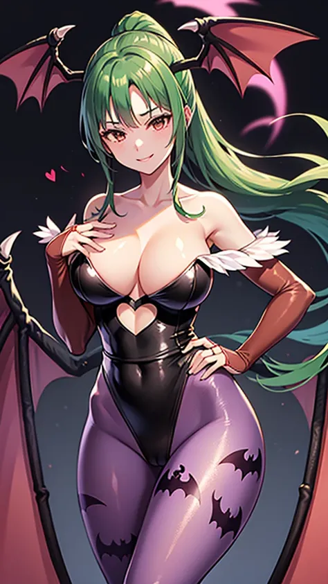 masterpiece, best quality, highres, 1girl, solo, morrigan aensland,wings,animal print,pantyhose,leotard,head wings,bat print,print pantyhose,split black red leotard,diamond cutout,heart cutout,long hair,red eyes,bridal gauntlets,split green purple hair,bar...