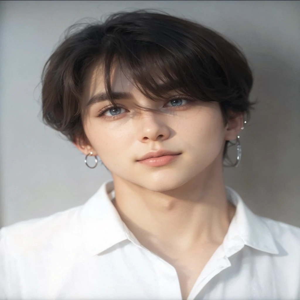 a beautiful young man with mesmerizing eyes, detailed facial features, long eyelashes, perfect skin, warm smile, brown hair, wearing a white shirt, in a serene nature setting, 4k, high resolution, photorealistic, detailed, hyper realistic, vibrant colors, ...