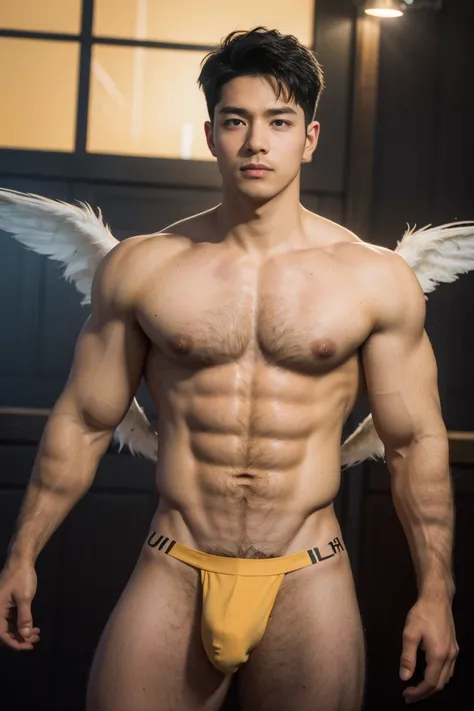 (8K, RAW photos, Highest quality) masterpiece, 1 male, 18 years old, bee man, black hair, good body, black and yellow mottled skin.    Body covered in honey.  has bee antennae on the head, has bee wings.  ,Asian muscular man,, outlines his big and muscular...