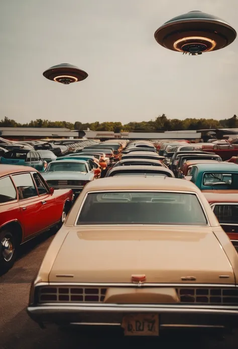 An old UFO is parked in the parking space with many cars parked neatly in the parking lot，Old photo grain，Blurry Polaroid photo