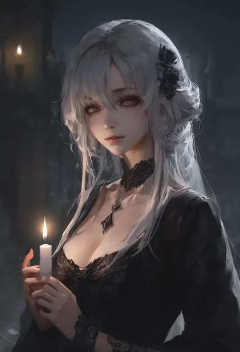 （masterpiece，highest quality）， solo，a white-haired woman is holding a candle，アニメのskullの女性の肖像,beautiful necromancer girl，beautifu...