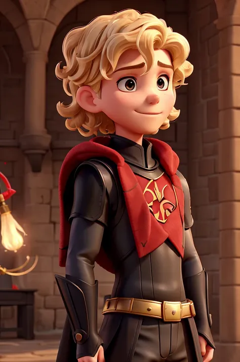 Blonde man with short curly hair wearing black armor-like clothing with a red and black cape with a crown on his head 