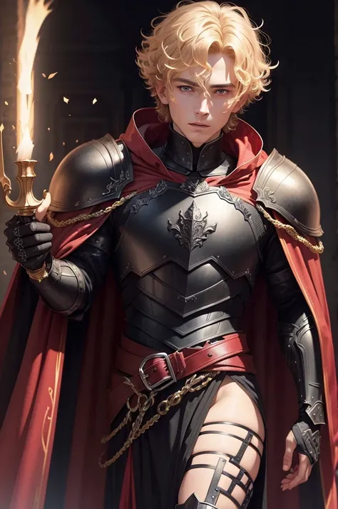 Blonde man with short curly hair wearing black armor-like clothing with a red and black cape with a crown on his head 