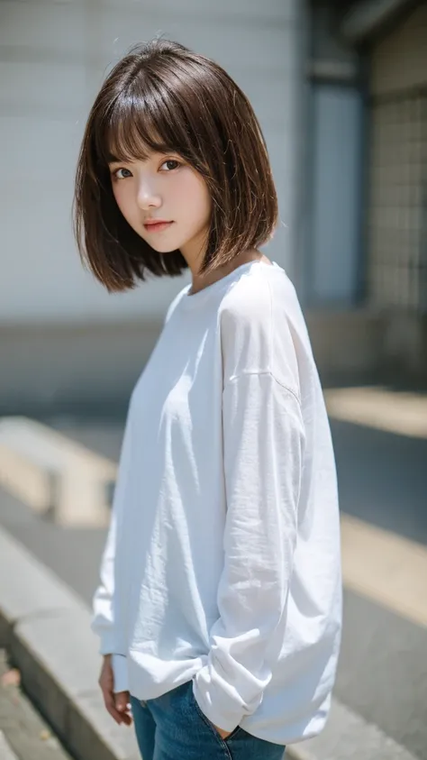 (top-quality、16K resolution) 1 girl、solo、natural soft light、Looking at the camera、Long sleeve white T-shirt、Concrete background、Facing the front、is standing、bobhair、Woman in her late teens、Light bangs、short-hair、Salon model、Natural look、portlate、floated ha...