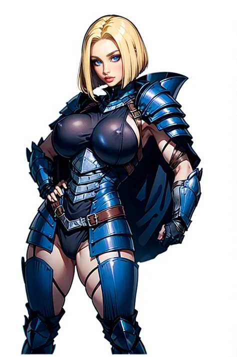 women,blond long bob hair, blue eyes, dark blue Body armor, big breastm Black boots, standing