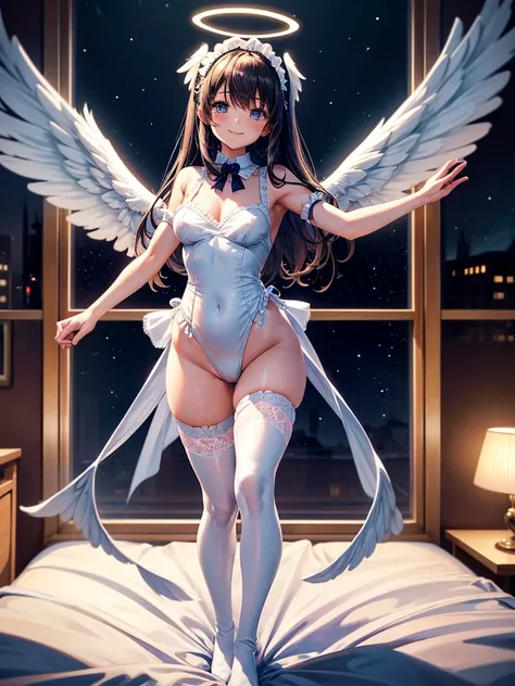 Highest quality,Highest Resolution,Smiling beautiful girl in maid leotard,Big angel wings on his back,Halo,High leg,フリル,Very beautiful eyes,front,whole body,Bedroom,Standing posture,Spread your arms out to the sides,Thigh-high stockings,Night view outside ...