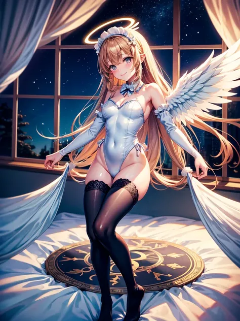 Highest quality,Highest Resolution,Smiling beautiful girl in maid leotard,Big angel wings on his back,Halo,High leg,フリル,Very beautiful eyes,front,whole body,Bedroom,Standing posture,Spread your arms out to the sides,Thigh-high stockings,Night view outside ...