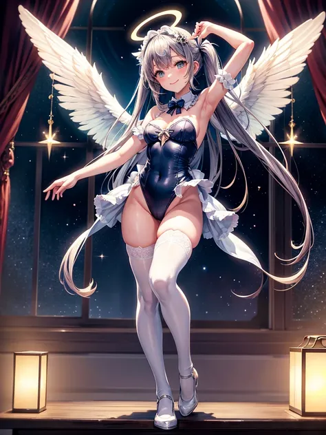 Highest quality,Highest Resolution,Smiling beautiful girl in maid leotard,Big angel wings on his back,Halo,High leg,フリル,Very beautiful eyes,front,whole body,Bedroom,Standing posture,Spread your arms out to the sides,Thigh-high stockings,Night view outside ...