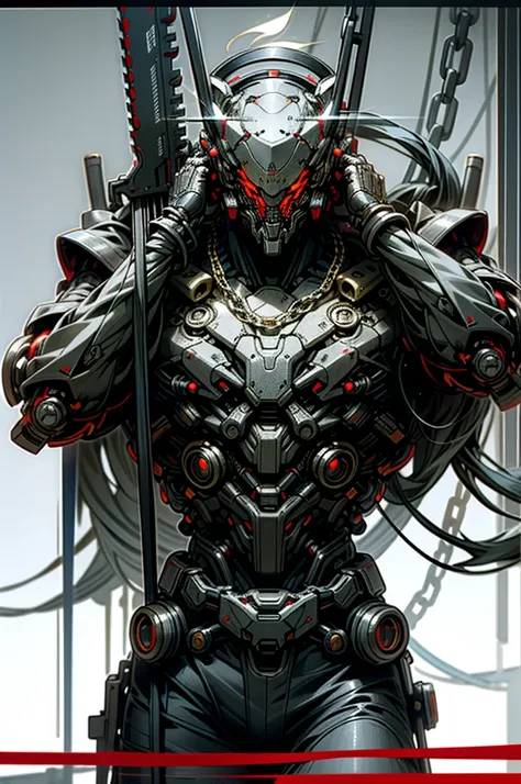 Dark_Fantasy,Cyberpunk,(chain saw,chain saw man,Red:1.1),1man,Mechanical marvel,Robotic presence,Cybernetic guardian, black and white