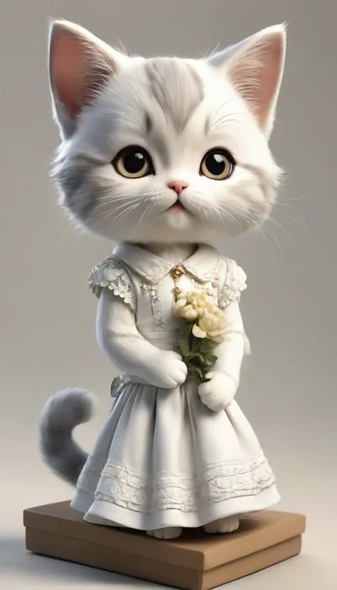 Highest quality,animal,cute,No humans,kitten,Stand on two legs，Gray color，Wearing a white dress