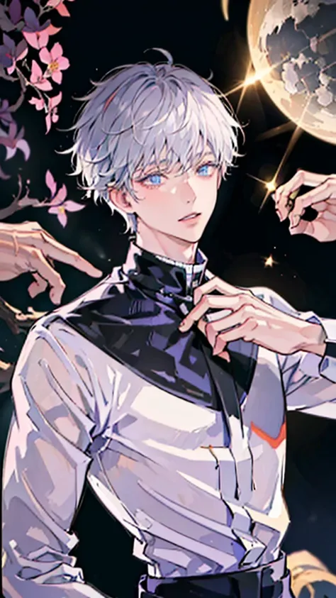 (boy \(student, 15 years old, jk, short flowing silver hair, cosmic colored eyes, black , pale skin, tired face with no sparkle ...