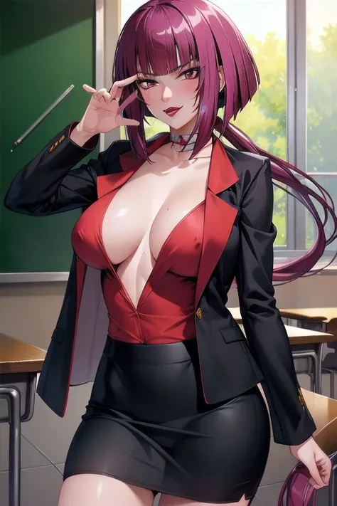 One girl,oboro, Mature Woman,Purple Hair, short hair, bangs, eye shadow, Low Ponytail, lipstick, compensate, Detailed face, Red eyes,Large Breasts, Black jacket, White shirt, teacher,Suit skirt, Cowboy Shot